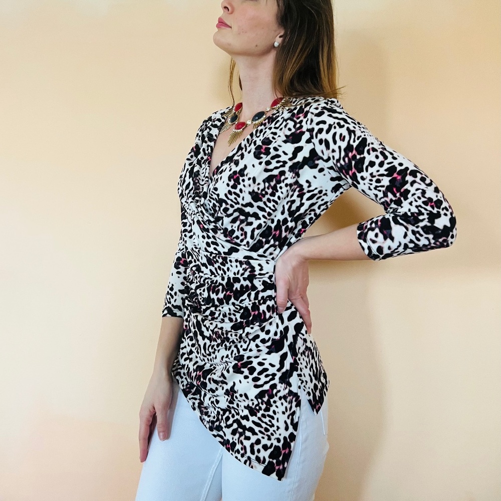 Women 3/4 Sleeve Animal Print White Burgundy Blouse Top With Side Slit